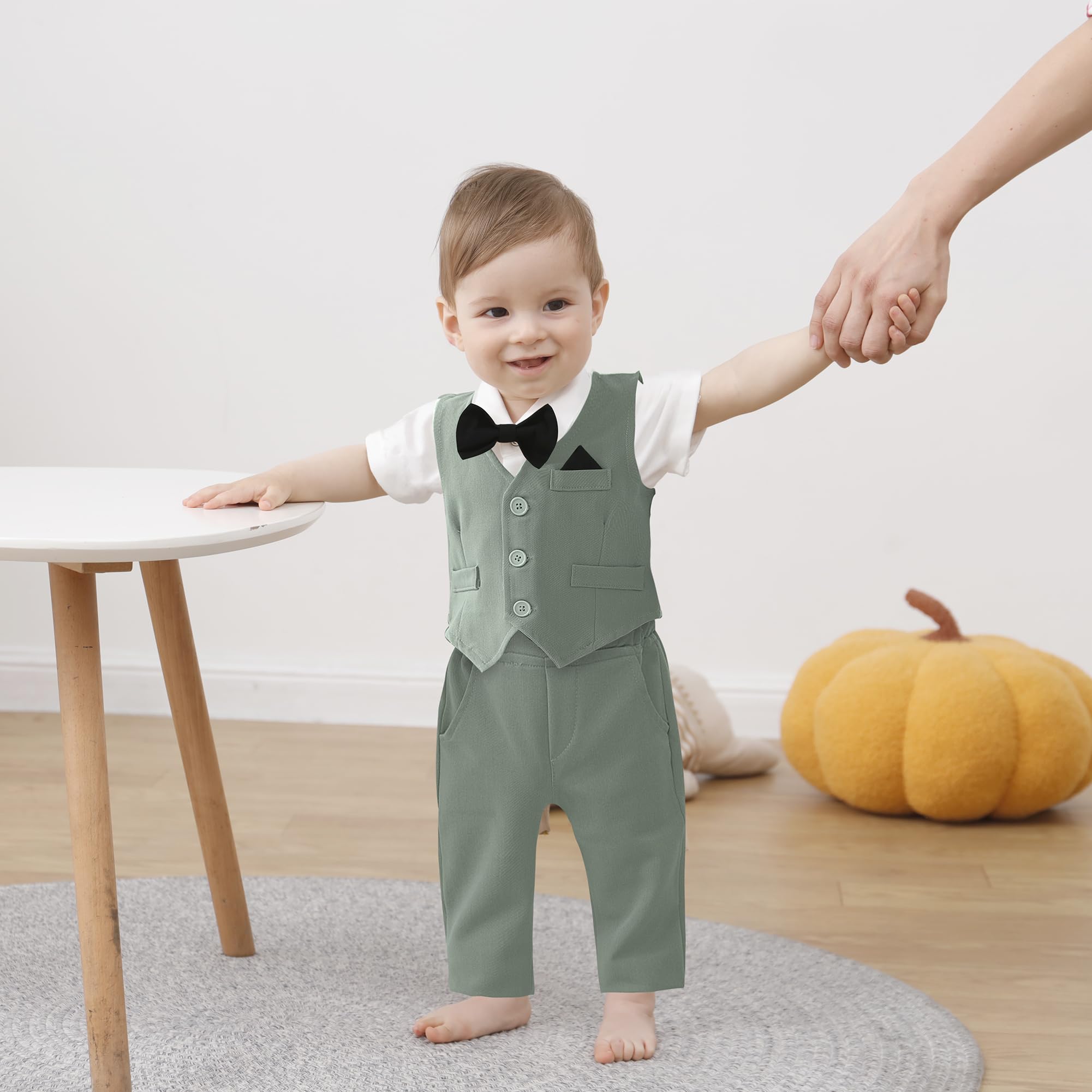 DISAUR Baby Boy Western Outfit First Birthday Outfit Baby Boy Short Sleeve Infant White Shirt Light Green Vest Pants Bow Tie 3 6 Months
