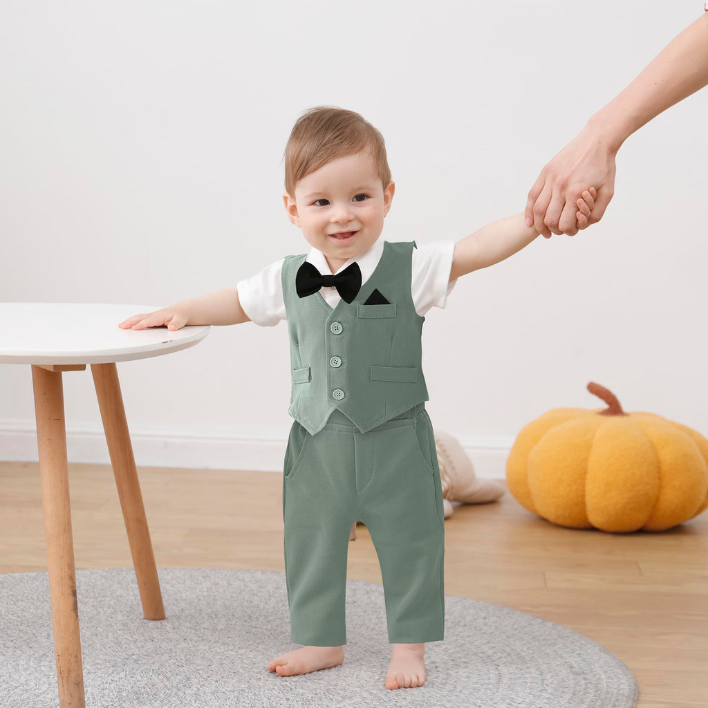 DISAUR Baby Boy Western Outfit First Birthday Outfit Baby Boy Short Sleeve Infant White Shirt Light Green Vest Pants Bow Tie 3 6 Months