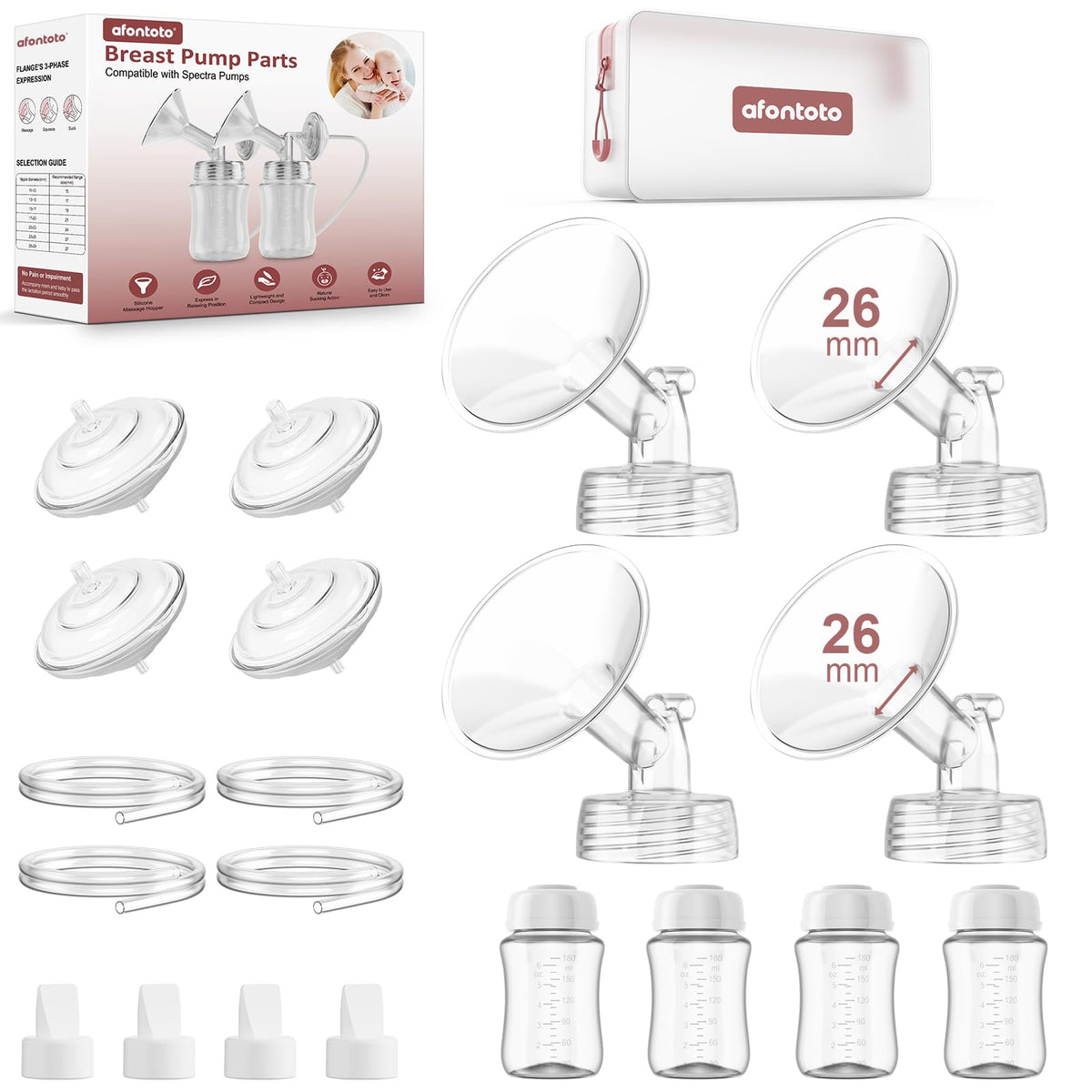 Pump Parts Compatible with Spectra S1/S2/9Plus/SG Breastpump, Full Set Replacement Parts for Spectra Include 21mm Flange,Duckbill Valve,Backflow Protector,Tube,Bottle, Not Original S1/S2 Accessories
