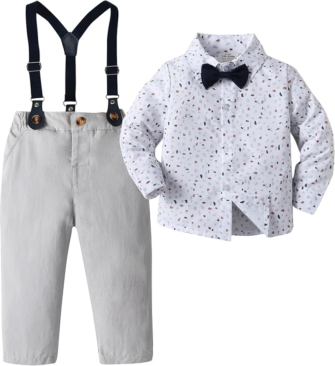 Boarnseorl Baby Boys Pants Sets,Toddler Gentleman Outfits, Infant Long Sleeve Shirt + Pants + Bow Tie + Suspenders