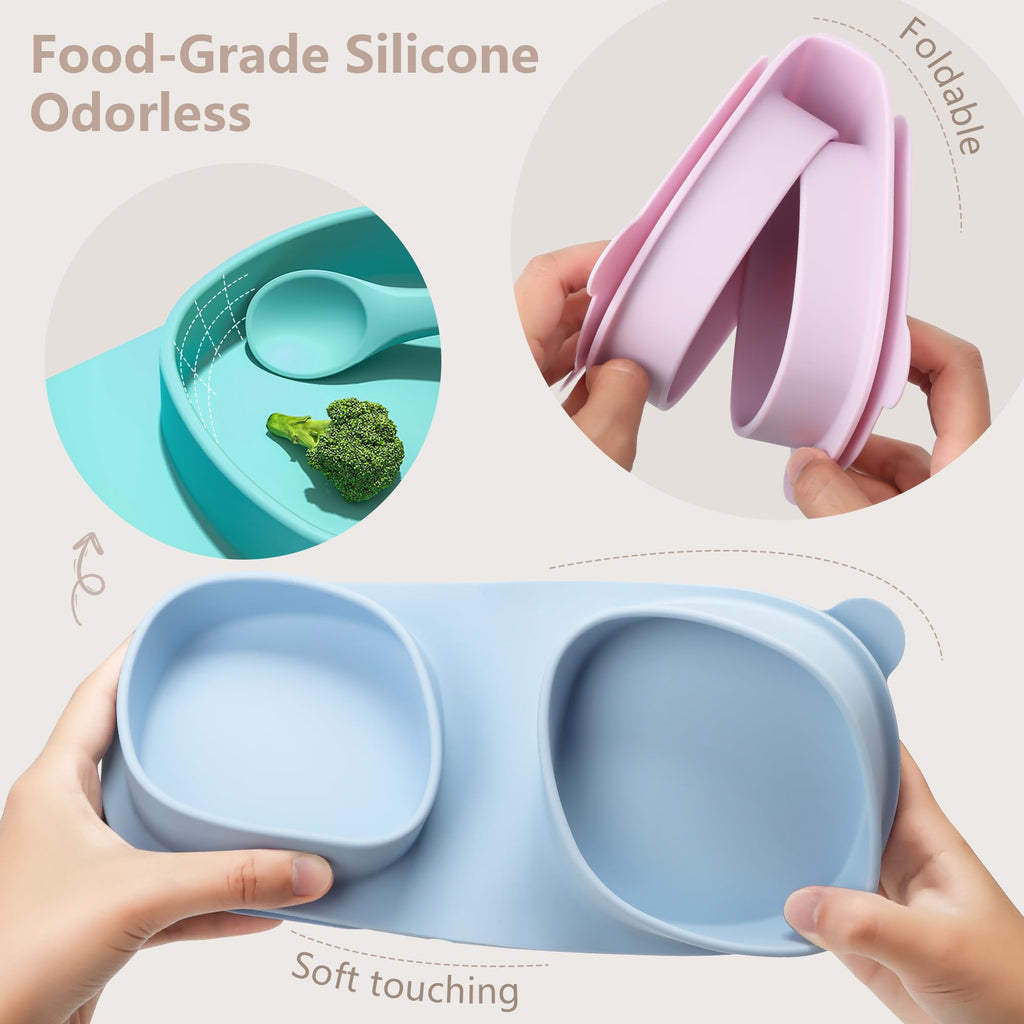 yahaa Foldable Baby Plates with Suction with Forks and Spoons, Baby Blue