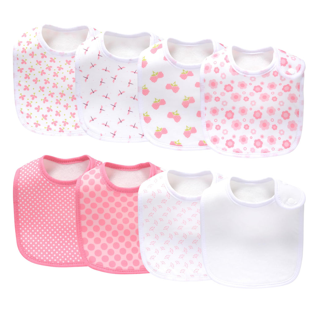 lazyrhino 8 Pack Baby Bibs Unisex Adjustable with Snaps Ultra Soft Absorbent Drooling Teething for Boys and Girls (pink-qt-8pcs)