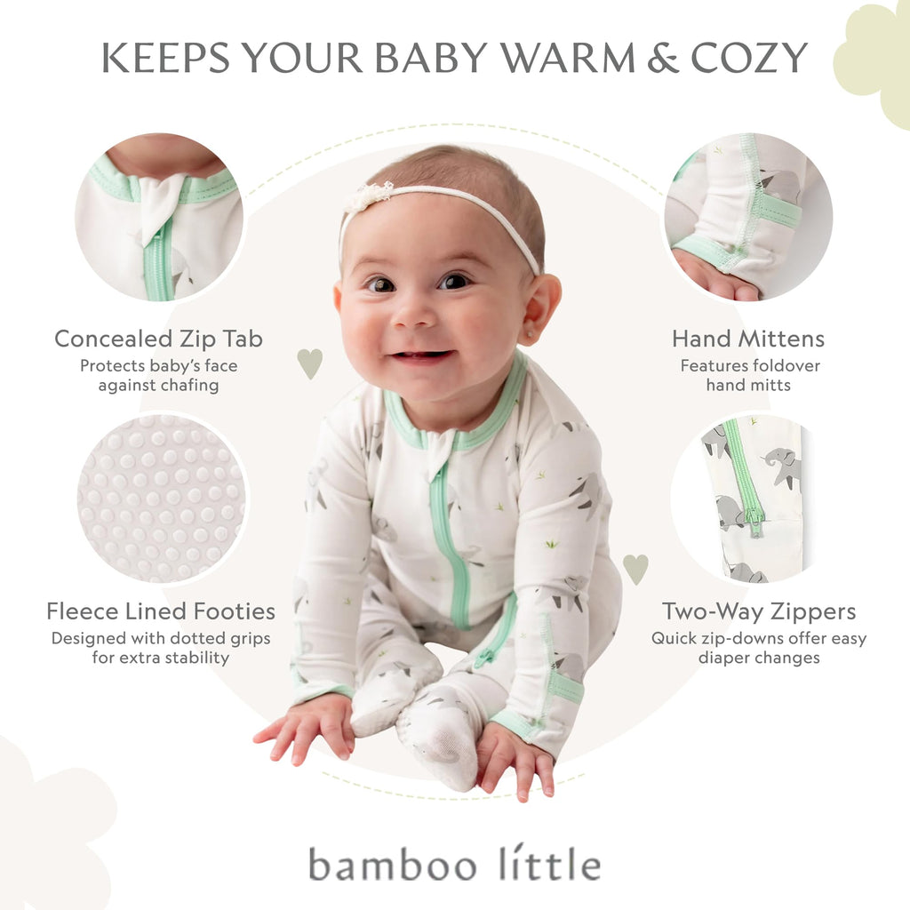 Bamboo Little Soft Baby Footie Pajamas, Baby Clothes, Newborn Sleepers, 95% Viscose and 5% Spandex, Elephant, 3-6 Months
