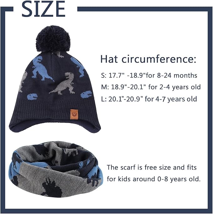 JANGANNSA Knitted Baby Hat Scarf Set Winter Warm Boys Girls Beanie Fleece Lining Toddler Kids Hats with Pompom