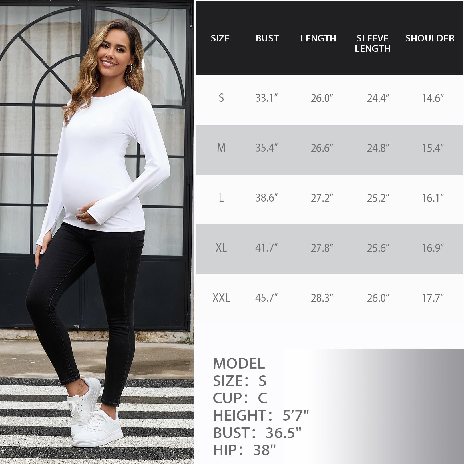 GINKANA Maternity Tops Yoga Workout Pregnancy Long Sleeve Shirts with Thumb Holes Scoop Neck Basic Tees for Activewear,White,XXL