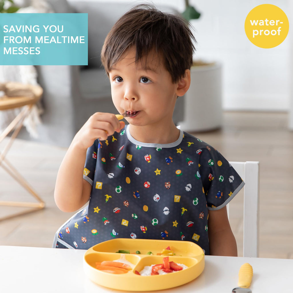 Bumkins Short Sleeve Bib for Girl or Boy, Toddler and Kids for 1-3 Years, Large Size, Essential Must Have for Junior Children, Eating, Mess Saving Soft Fabric Apron for Play, Nintendo Super Mario