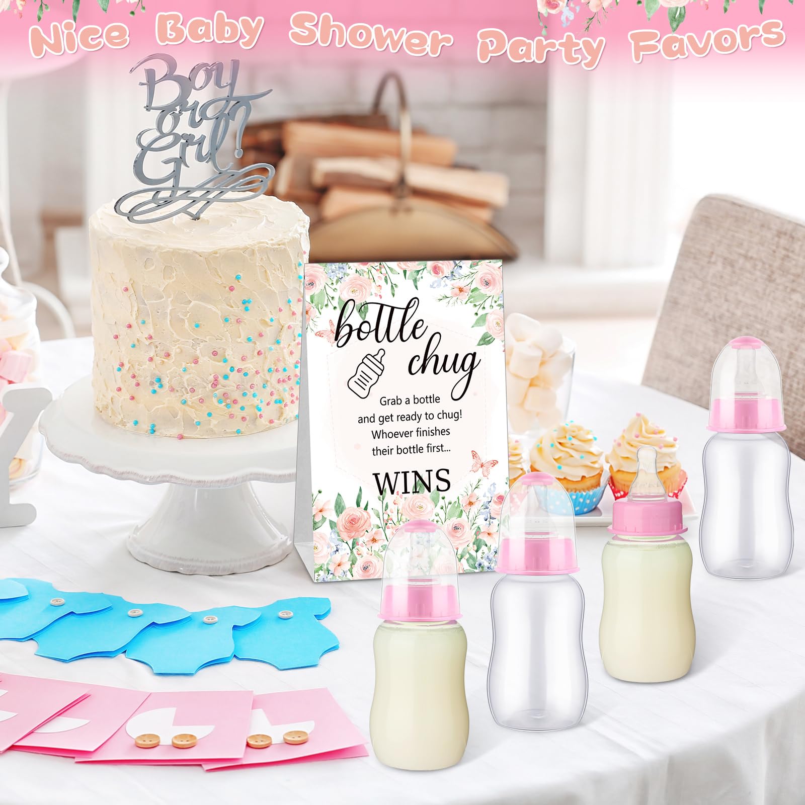 TrelaCo Bottle Chug Baby Shower Game 20 Pcs Baby Bottles Shower Favor with 1 Flowers Theme Sign for Gender Reveal Party Supplies Gifts(Pink)