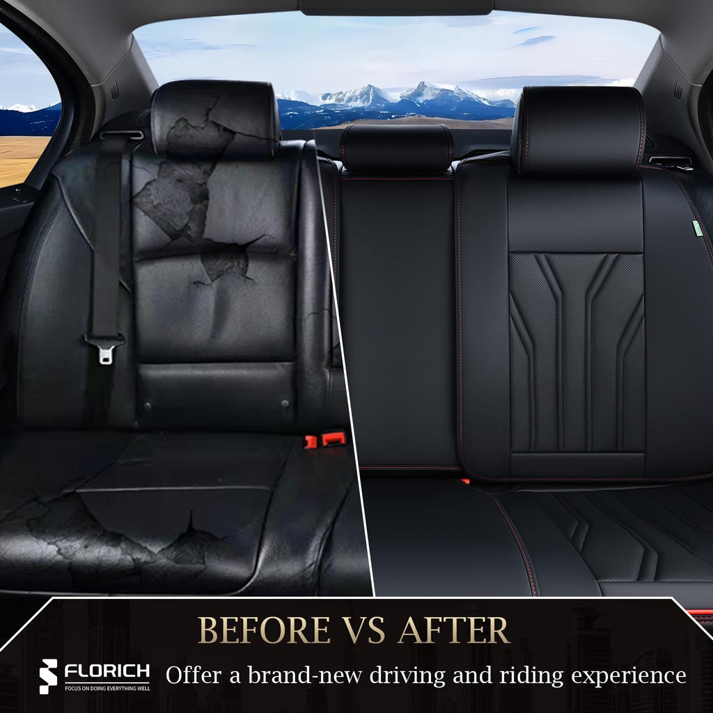 FLORICH Rear Seat Covers Leather Car Seat Covers Waterproof Back Seat Cover Automotive Seat Covers Universal Seat Cushion Protector for Most Cars Trucks SUV-Black&Red Line