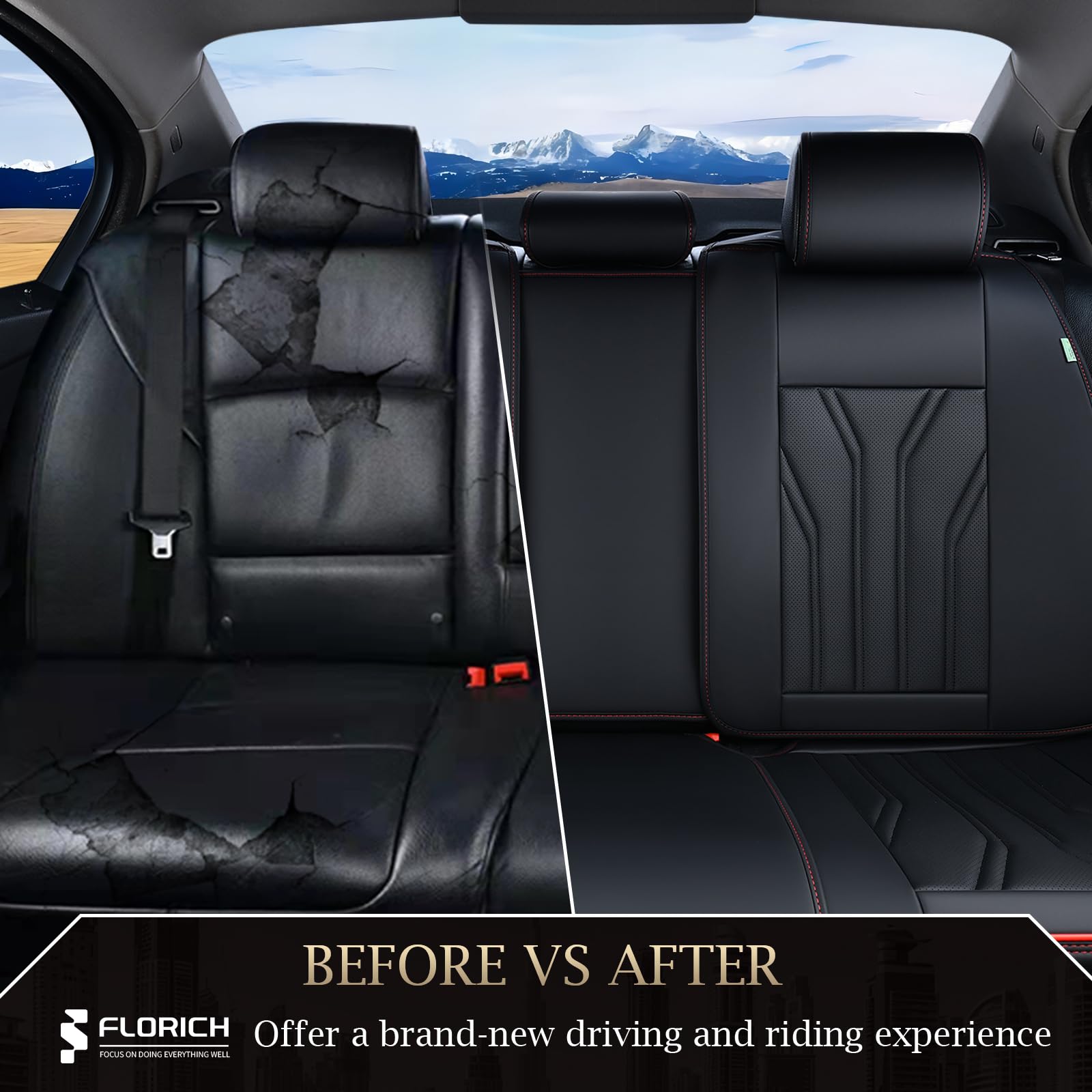 FLORICH Rear Seat Covers Leather Car Seat Covers Waterproof Back Seat Cover Automotive Seat Covers Universal Seat Cushion Protector for Most Cars Trucks SUV-Black&Red Line