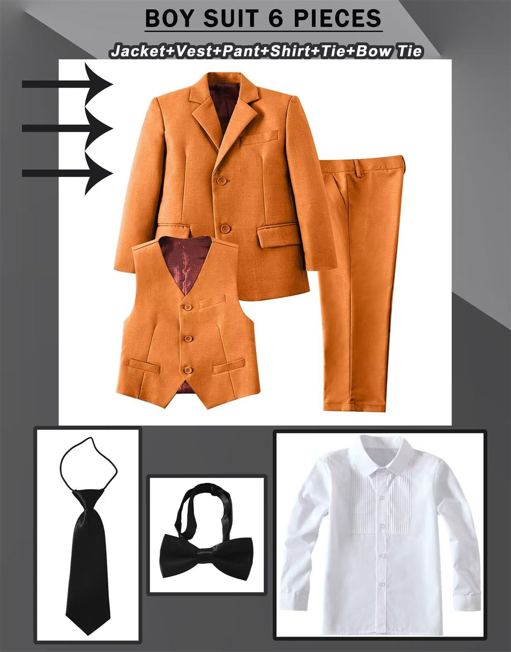 Boys Suit Slim Fit Outfit Suits Kids 6 Piece Jacket Vest Pants Orange 4