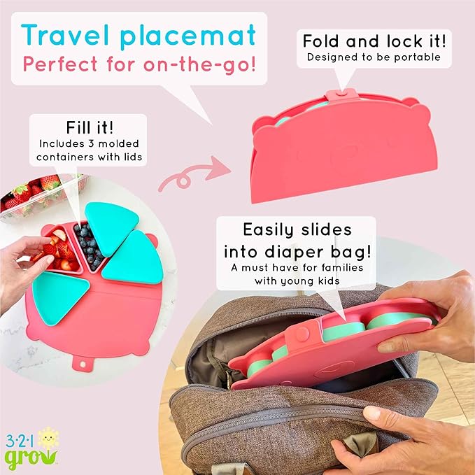 Silicone On-The-Go Snack Mat – Foldable Reusable Placemat with 3 Compartments and Lids – Travel-Friendly Baby and Toddler Snack Plate – Dishwasher Safe (Watermelon)