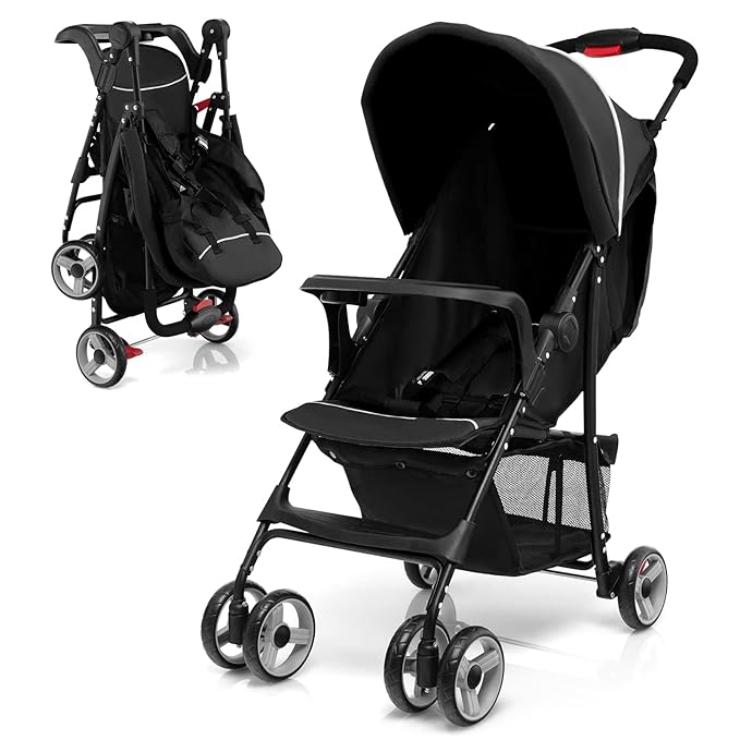 HONEY JOY Travel Stroller, Quick Fold Lightweight Baby Umbrella Stroller for Airplane, Adjustable Canopy & Backrest, Storage Basket, Removable Meal Tray, Compact Stroller Newborn and Toddler(Black)