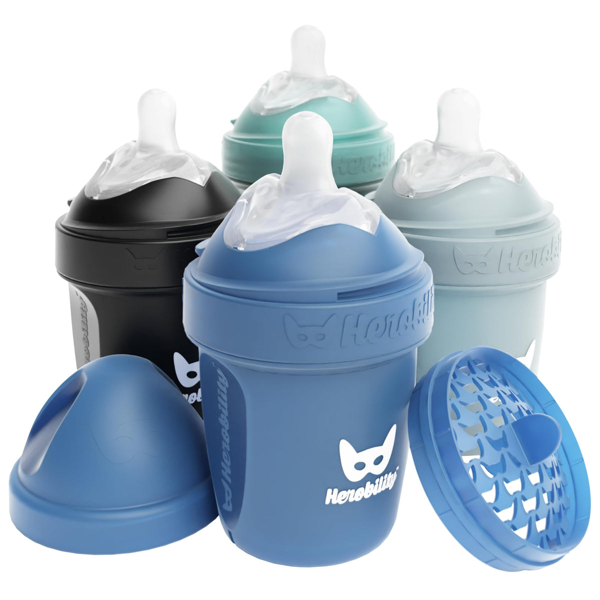 Herobility Anti-Colic Baby Bottles 8.5 fl oz/240ml - Pack of 4 Plastic Baby Bottles, Slow Flow Plastic Bottles, Breast-Shaped Teat for Breastfed Babies, – Multicolor - White, Gray, Iron Blue, Blue