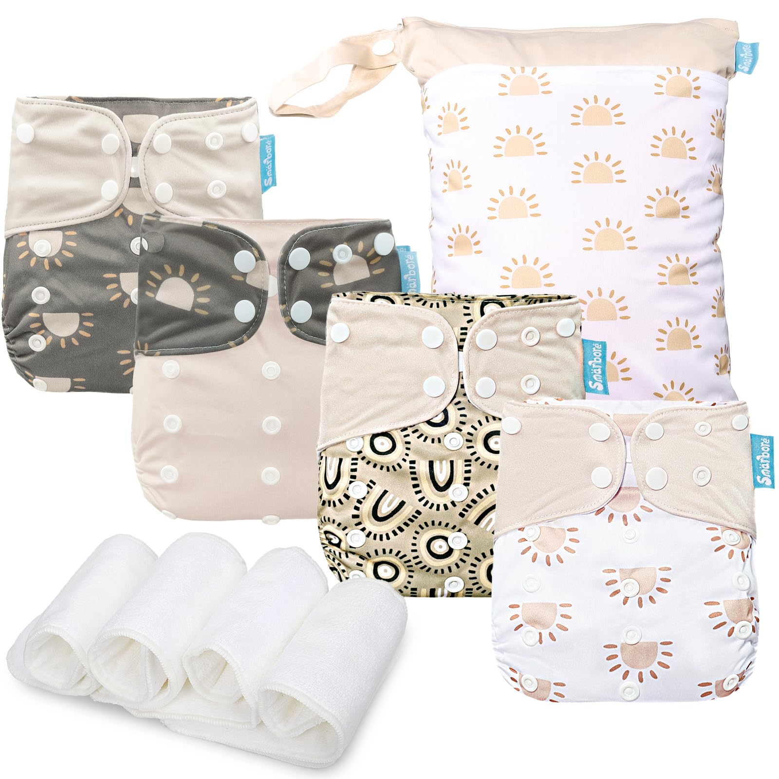 Smarbore Baby Cloth Diapers Set - 4 Pack with 4 Inserts & 1 Wet/Dry Separation Bag, Reusable Infant Toddler Nappy, Adjustable Pocket Diapers for Baby Boys and Girls (6-33 pounds, 0-3 Years)
