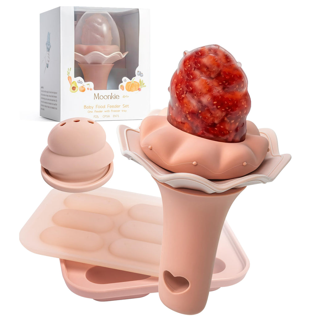 Moonkie Baby Fruit Feeder for Self-Feeding: Controlled Flow Design with 2 Pouches for Safe First Foods - BPA Free Silicone Food Feeder with Freezer Tray for Cooling Comfort - 4 Months+ - 1 Pack
