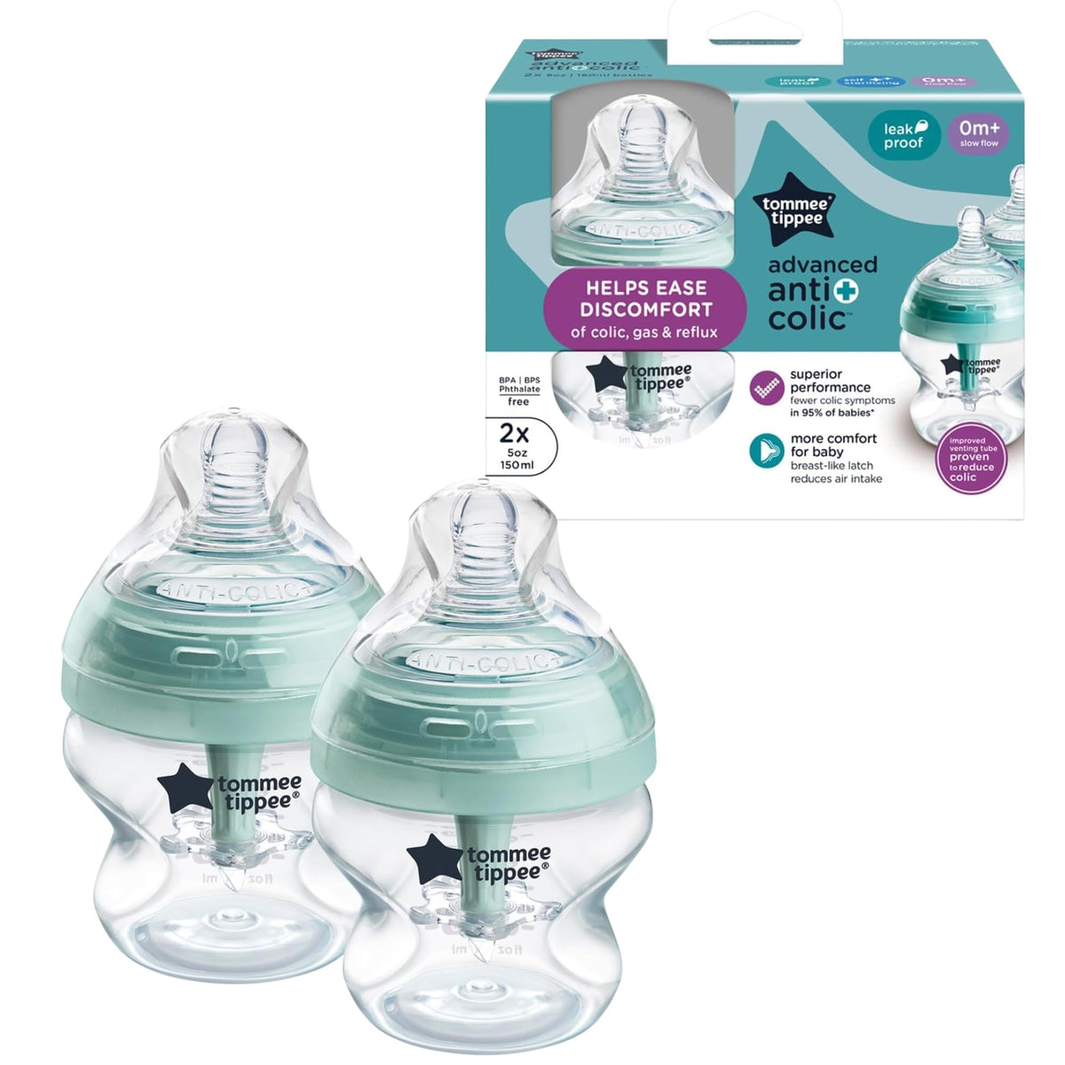 Tommee Tippee Advanced Anti-Colic 5 oz BPA Free Baby Bottles, Newborn 0+ Months, Slow Flow Breast-Like Nipple, Unique Design Keeps Air Away from Milk and Baby, Clear, Pack of 2