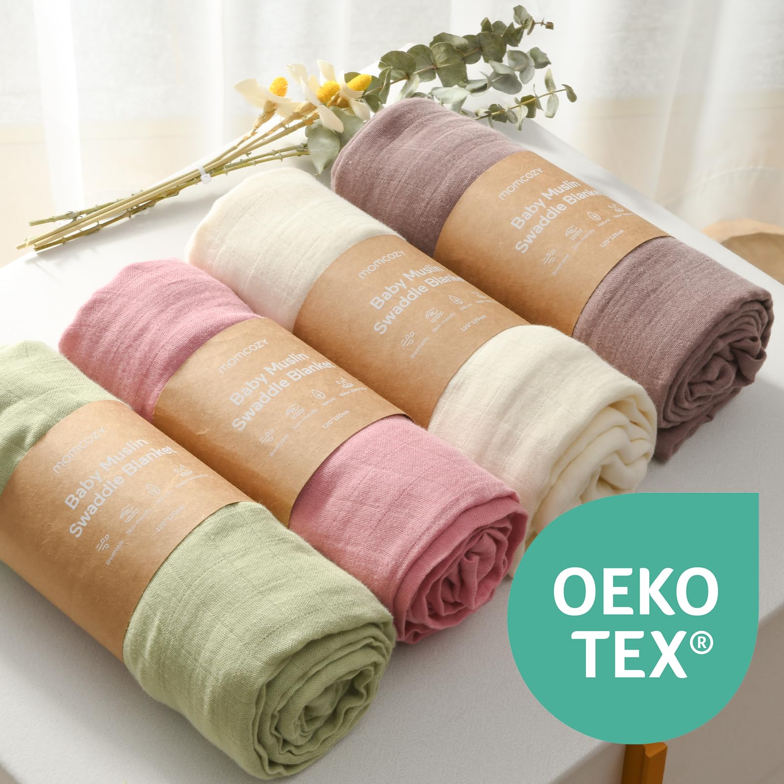 Momcozy Muslin Swaddle Blankets, 4-Pack, Large 47"x47", Breathable