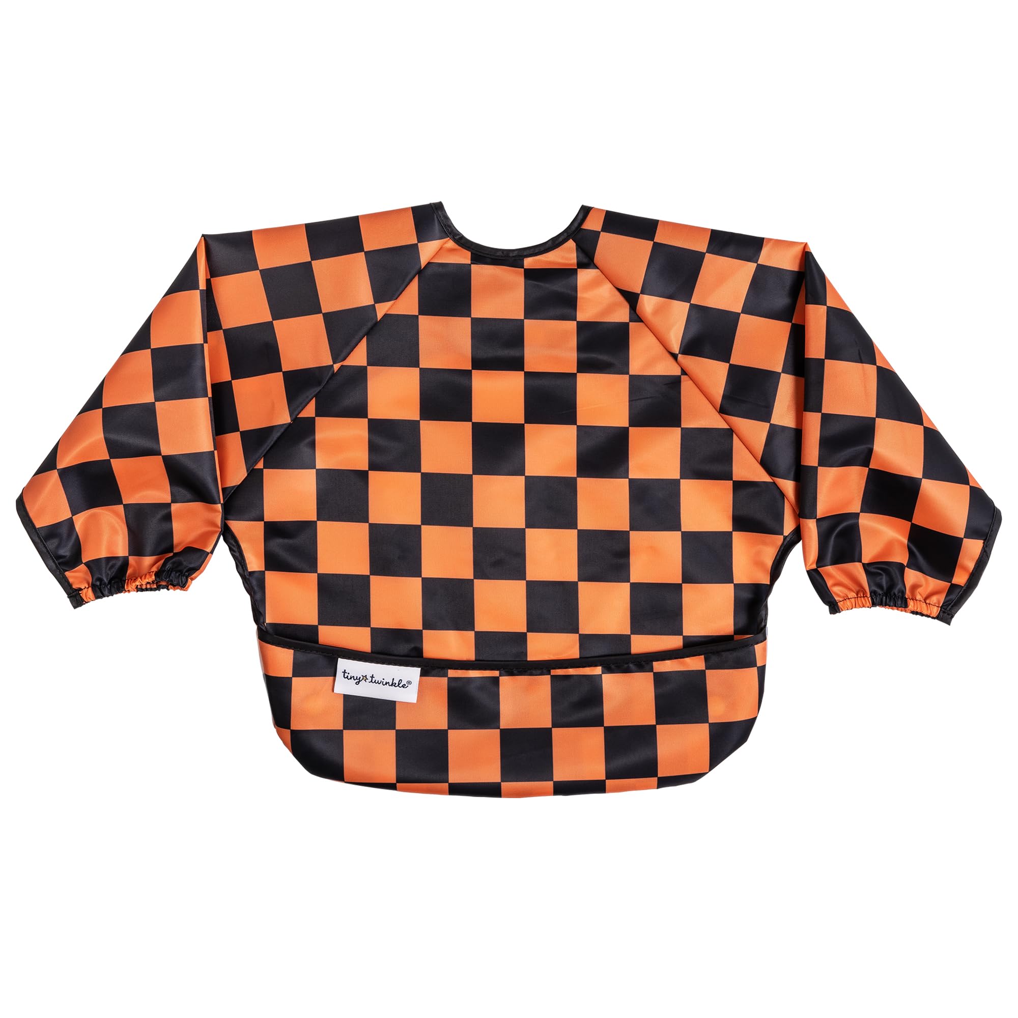 Tiny Twinkle Long Sleeve Bib for Babies & Toddlers | Waterproof Smock Bib for Eating | Machine Washable & Mess-Proof Feeding Essentials | Newborn Shower Gift (Orange,Black Checkers, 6–24M)