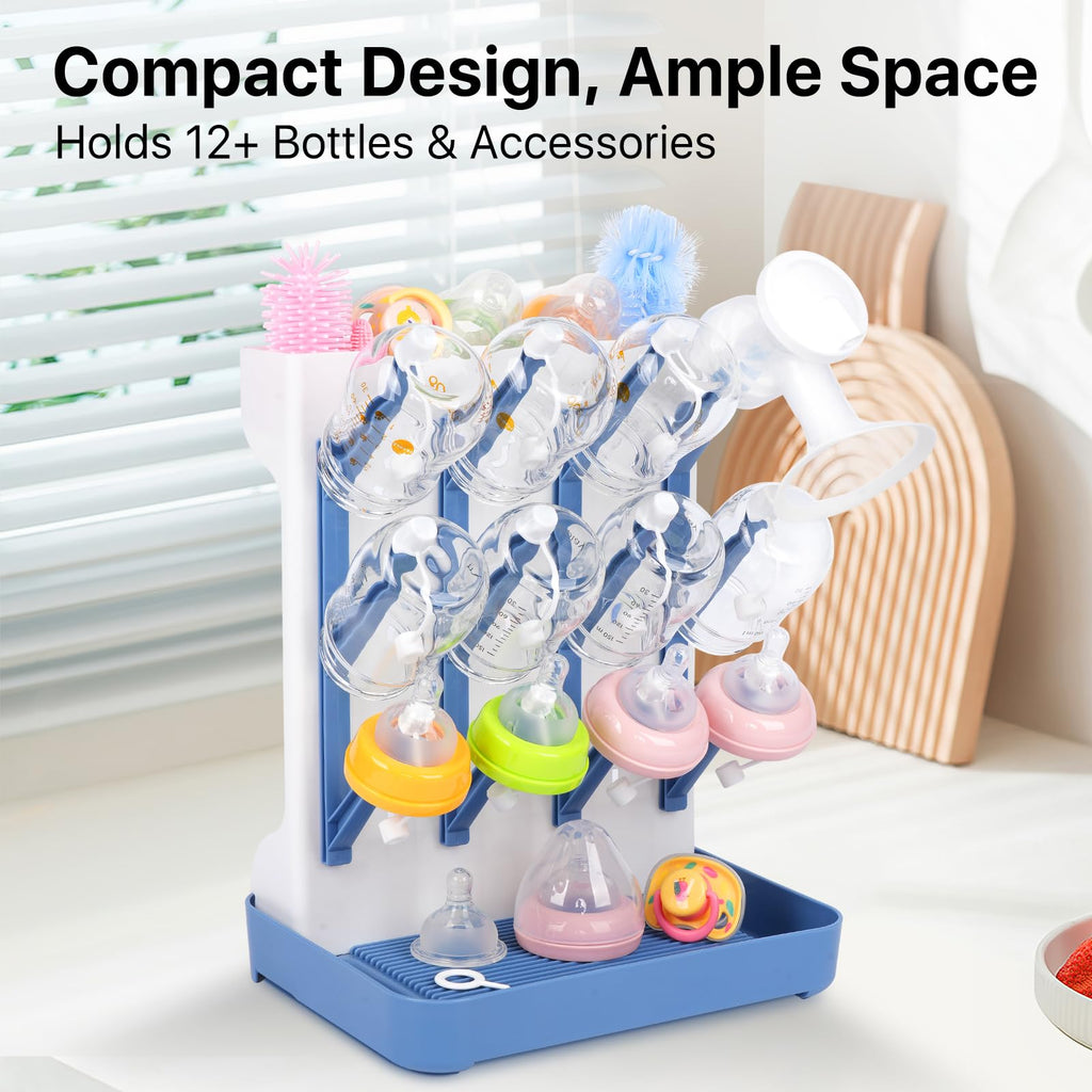 Baby Bottle Drying Rack with Drain Board, Vertical Space Saving Bottle Dryer Holder for Countertop, Large Capacity Organizer Stand for Glass Bottles, Pump Parts, Pacifiers, Cups & Accessories (Blue)