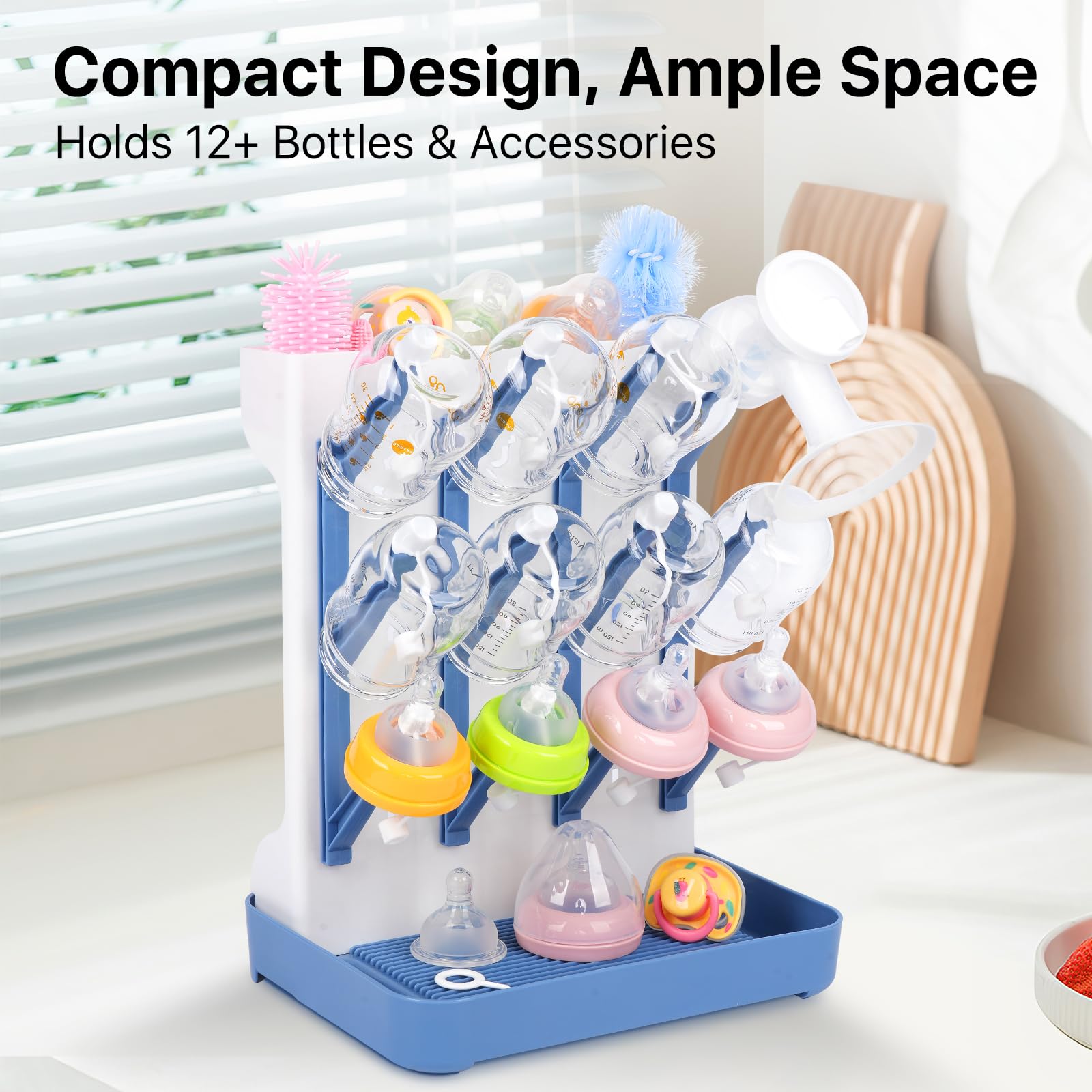 Baby Bottle Drying Rack with Drain Board, Vertical Space Saving Bottle Dryer Holder for Countertop, Large Capacity Organizer Stand for Glass Bottles, Pump Parts, Pacifiers, Cups & Accessories (Blue)