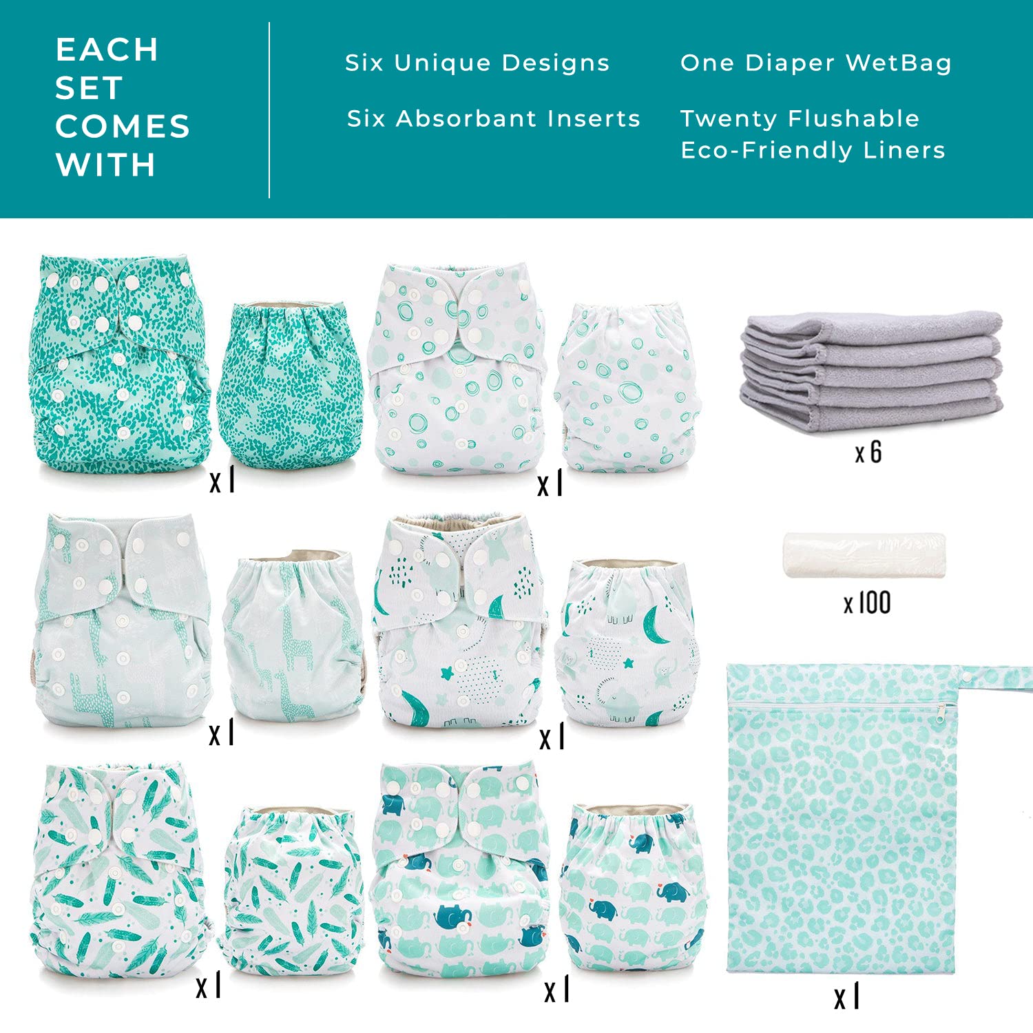 Simple Being Reusable Cloth Diapers, Double Gusset, One Size Adjustable, Washable Soft Absorbent, Waterproof Cover, Eco-Friendly Unisex Baby Girl Boy, six 4-Layers Microfiber Inserts (Unicorns)
