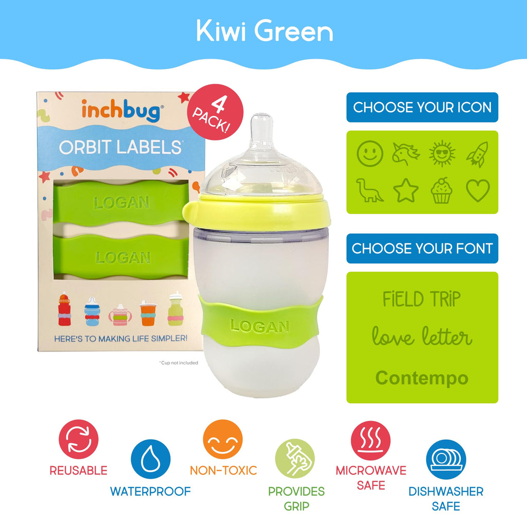 InchBug Orbit Labels Silicone Bottle Bands, 4-Pack, Kiwi Green