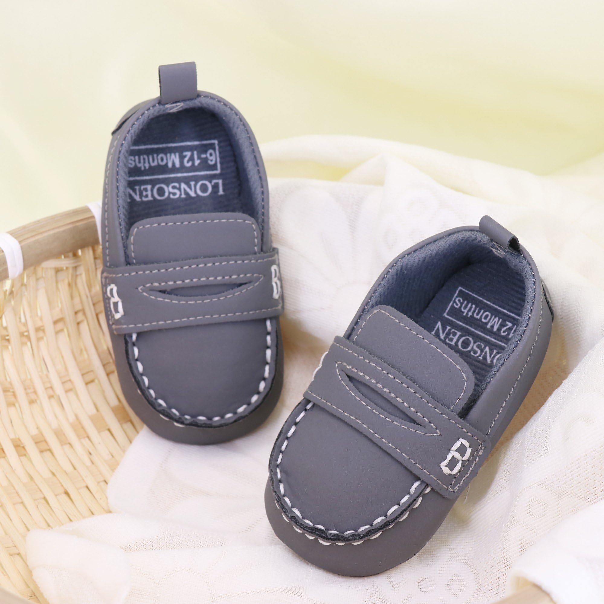 LONSOEN Baby Boys Girls Penny Loafers Infant Toddler Moccasins Soft Soles Dress Shoes,BAY231 Grey 0-6months CN11