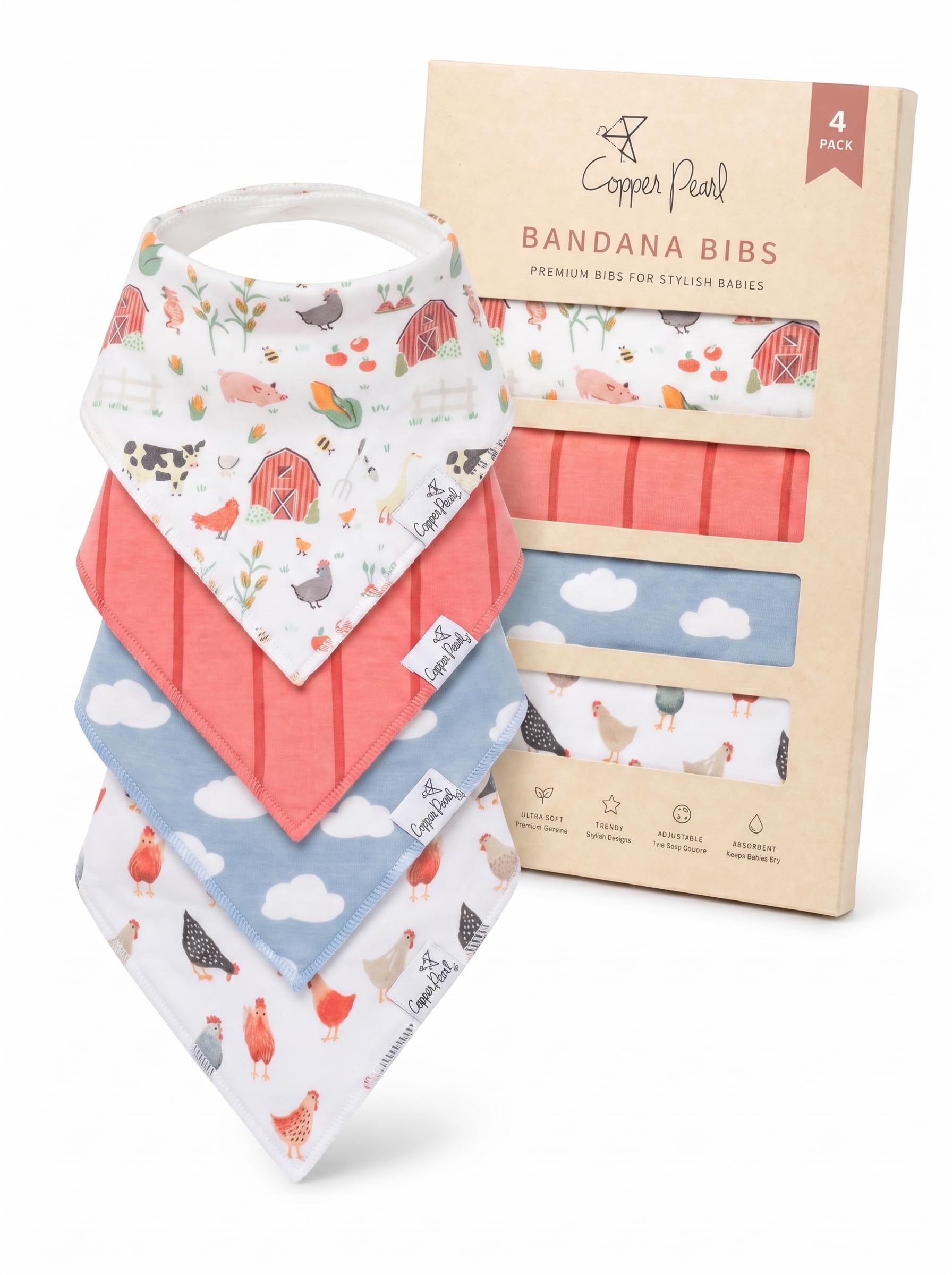 Copper Pearl Baby Bibs for Baby Boy or Girl – Bandana Drool Bibs for Teething, Absorbent Bibs for Eating, Newborn to Toddler, 4 Pack, Farmstead
