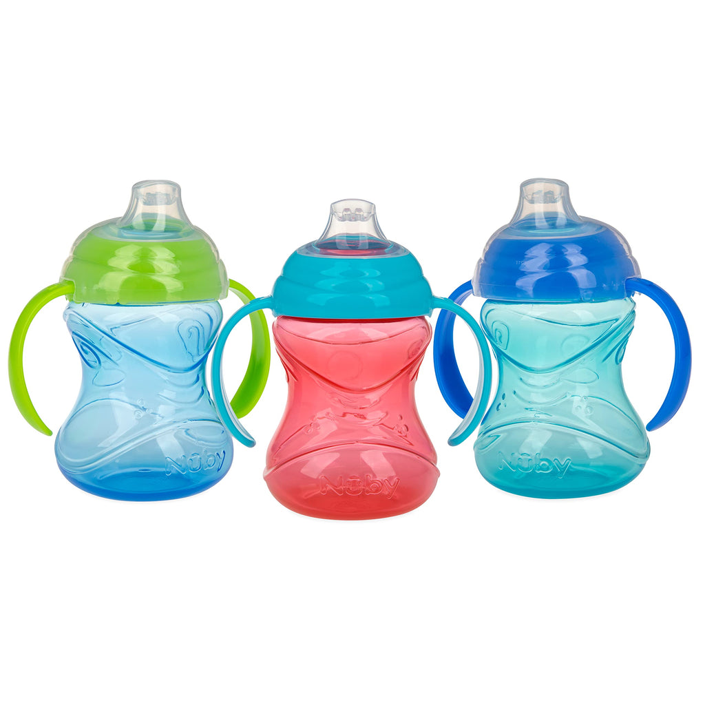 Nuby Clik-It Grip N' Sip Soft Spout No-Spill Training Sippy Cup with Handles - (3-Pack) 10 oz - 4+ Months - Blue/Green/Red