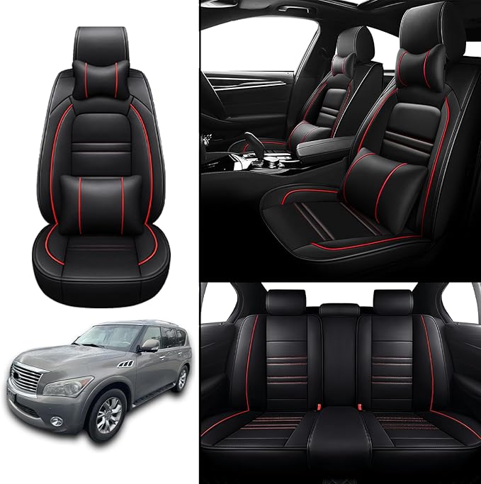 Car Seat Covers for Infiniti qx56 2004-2013 | 5-Seats Seat Covers, Waterproof Seat Protectors, Automotive Seat Covers (Full Set with Pillow,Black&Red Line)