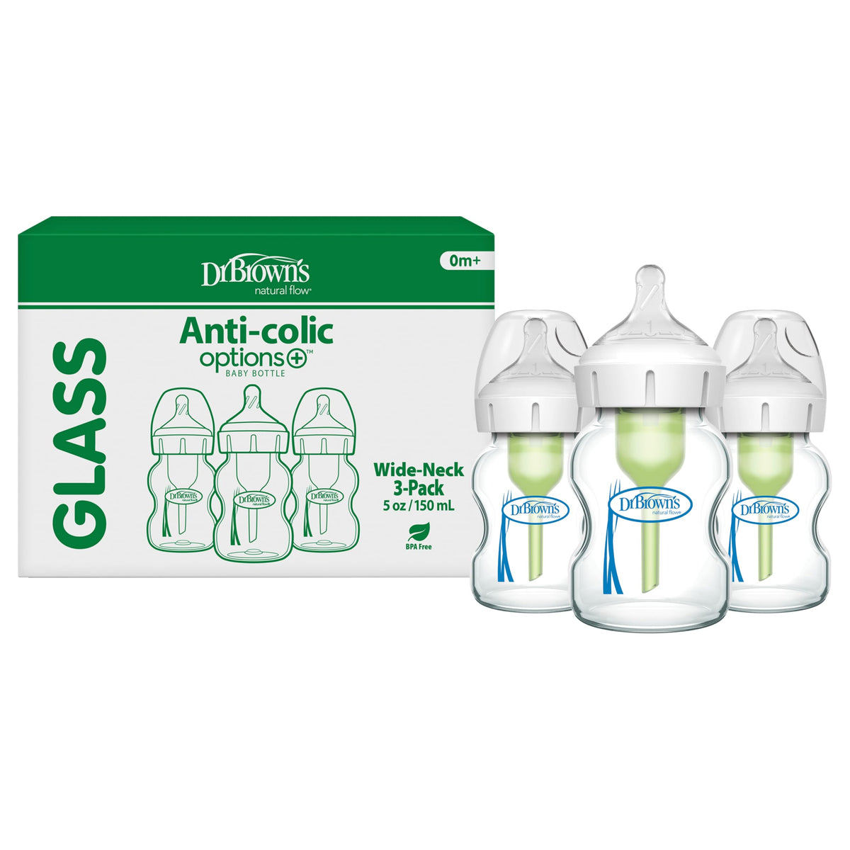 Dr. Brown's Anti-Colic Options+ Wide-Neck Glass Baby Bottle, 9 oz, 3-Pack