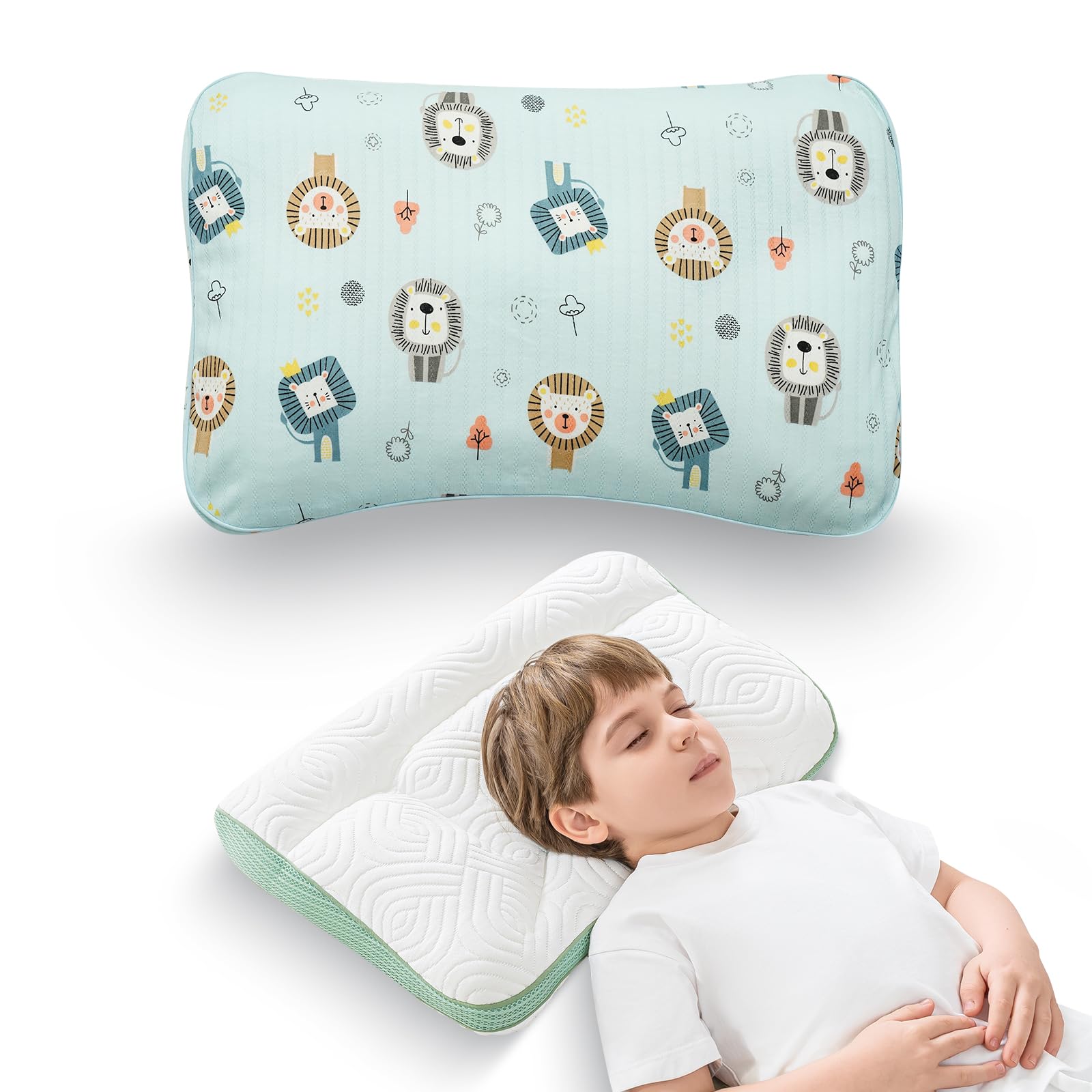Reidio 1Pc Toddler Pillows with Removable Cotton Pillowcase Ergonomic Design Toddler Pillows for Sleeping Toddler Neck Pillow Kids Pillows Machine Washable 14x20in (Blue Green)