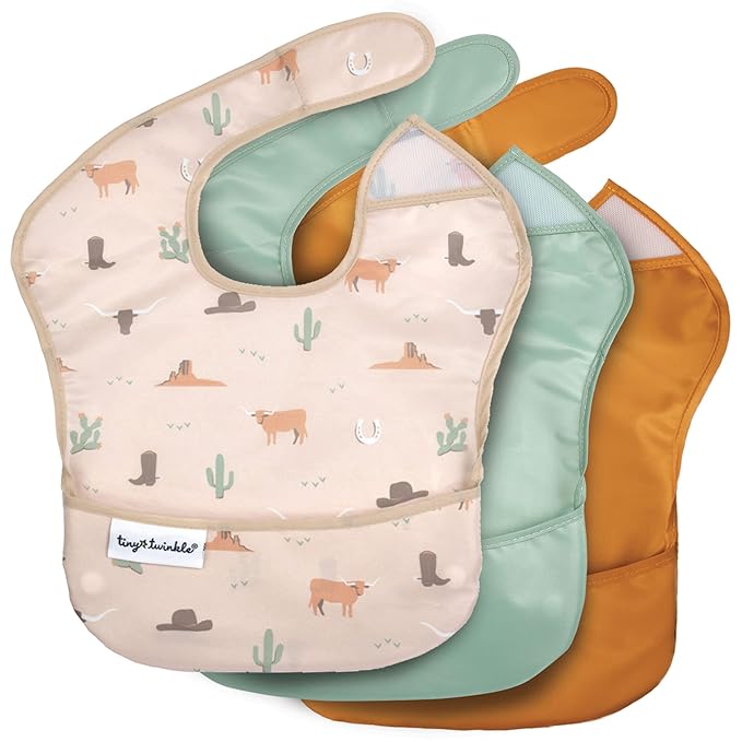 Tiny Twinkle Mess Proof Baby Bibs for Eating – Waterproof, Wipeable Toddler Bibs with Pocket – Baby Food Bibs for Girls & Boys(3 Pack,Cowboy)
