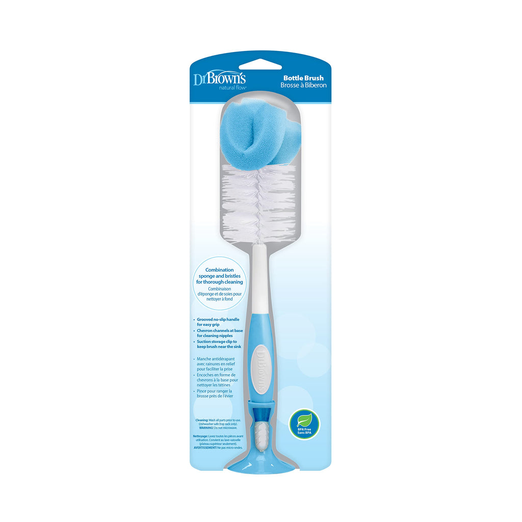 Dr. Brown's Reusable Sponge Baby Bottle Cleaning Brush with Suction Cup Stand, Scrubber and Nipple Cleaner, BPA-Free, Blue, 1-Pack