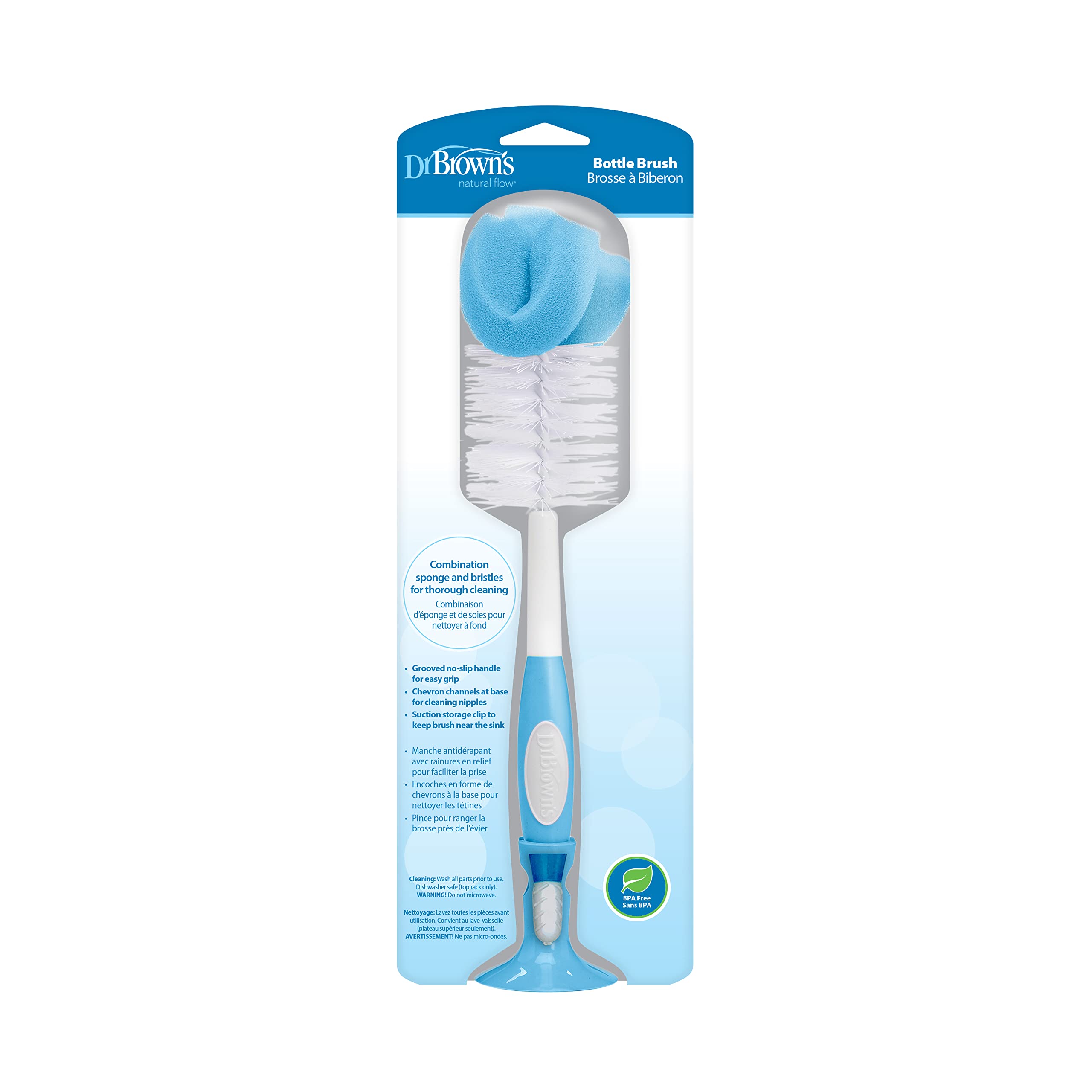 Dr. Brown's Reusable Sponge Baby Bottle Cleaning Brush with Suction Cup Stand, Scrubber and Nipple Cleaner, BPA-Free, Blue, 1-Pack