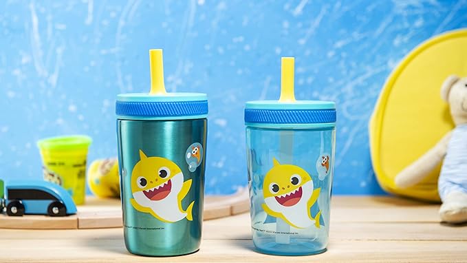 Zak Designs Baby Shark Kelso Tumbler Set, Leak-Proof Screw-On Lid with Straw, Bundle for Kids Includes Plastic and Stainless Steel Cups with Bonus Sipper (3pc Set, Non-BPA) (Pack of 12)