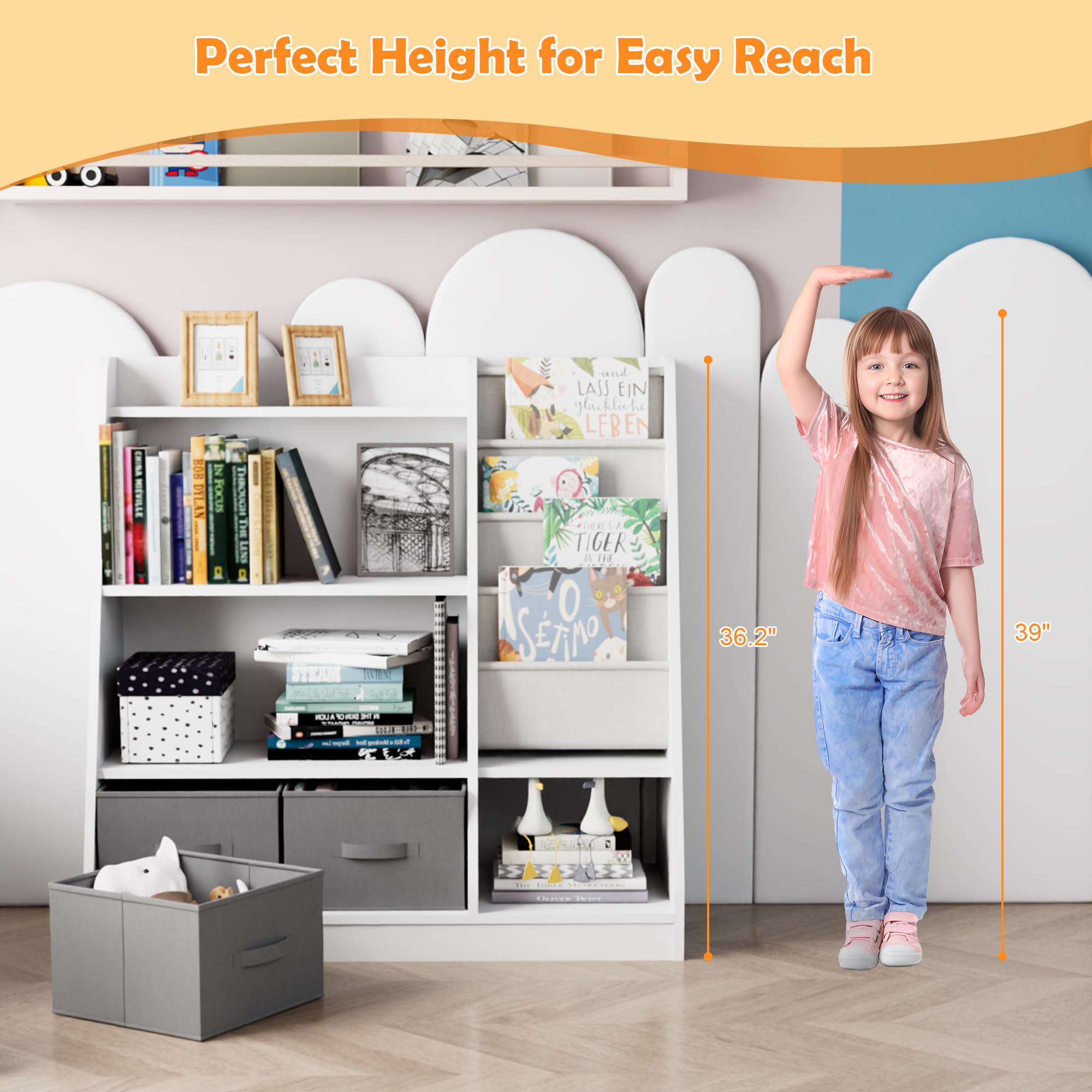 HedoAjim White Kids Bookshelf Wood Montessori Toy Storage Organizer Cabinet Shelf Child Bookcase Toddler Baby Sling Book Rack 3 Cube Bin Fabric Drawers for Playroom Bedroom Nursery School