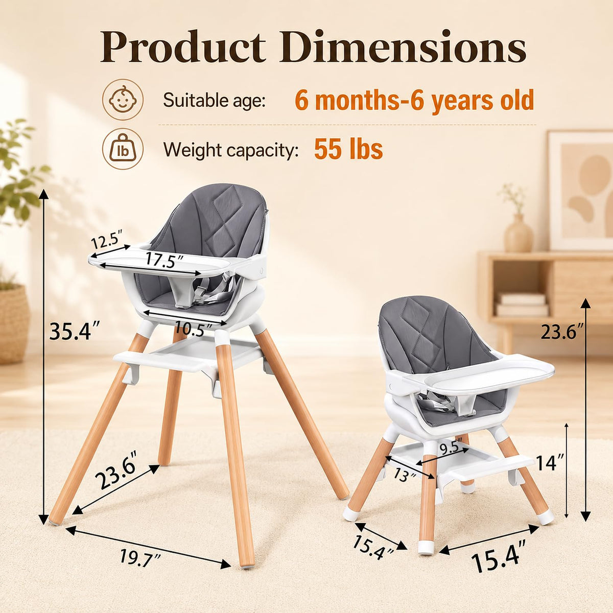 DDIOYIUR 6-in-1 Convertible Baby High Chair, Beech Wood Legs, Champagne