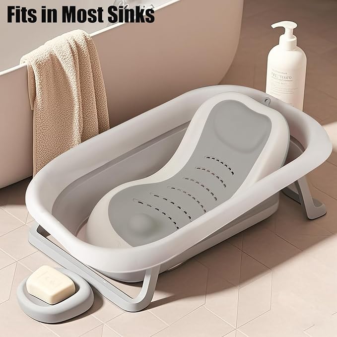 PandaEar Baby Bath Support, Foldable Infant Bathtub for Newborn Babies 0-6 Months, Soft Sink Baby Bath Tub (Grey)