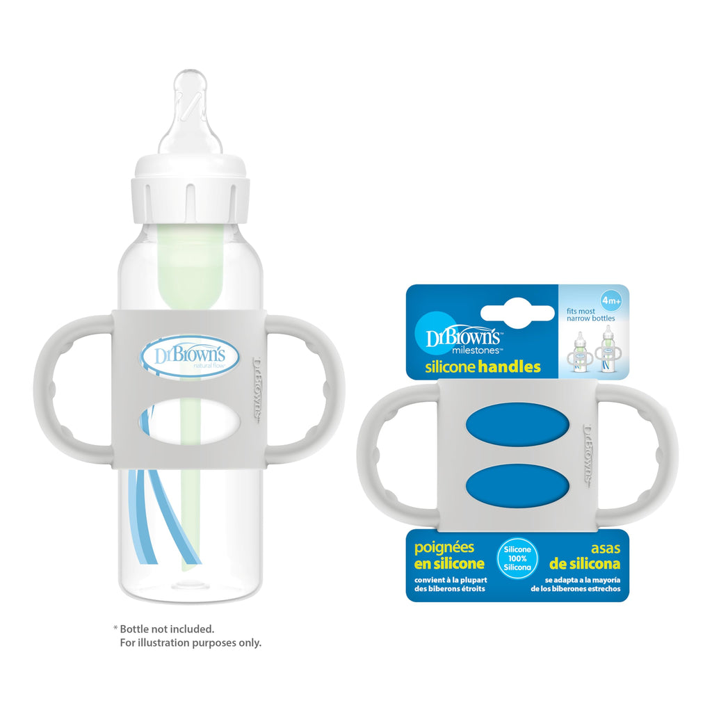 Dr. Brown's Narrow Baby Bottle Handles, 100% Silicone, Easy Grip Removable Handles for Bottle to Sippy Cup Transition, Gray, 4m+