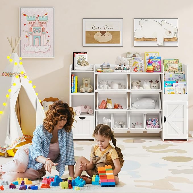 Vabches 55" Large Kids Toy Organizer with 8 Toy Storage Tubs, Storage Boxes and Storage Racks, Tiered Bookshelf and 7 Storage Cubbies, Kids Bookshelf, Playroom Storage and Storage Boxes(White)