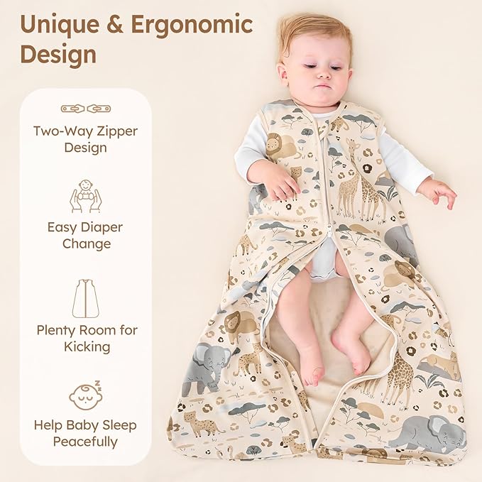 Baby Sleep Sack 12-18 Months 100% Cotton Lightweight 0.5 TOG Wearable Blanket Baby Sleep Bag with 2-Way Zipper for Infant Toddler Apricot Elephant