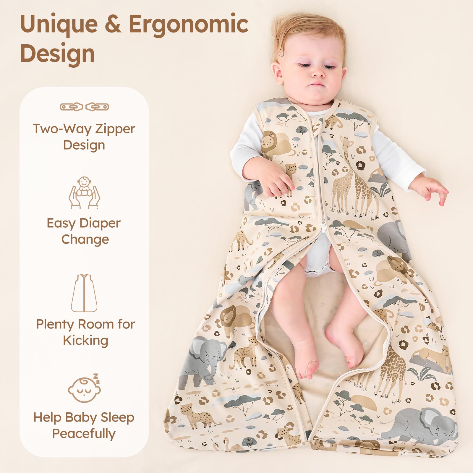 Unnivoll Baby Sleep Sack 12-18 Months 100% Cotton Lightweight 0.5 TOG Wearable Blanket Baby Sleep Bag with 2-Way Zipper for Infant Toddler Apricot Elephant