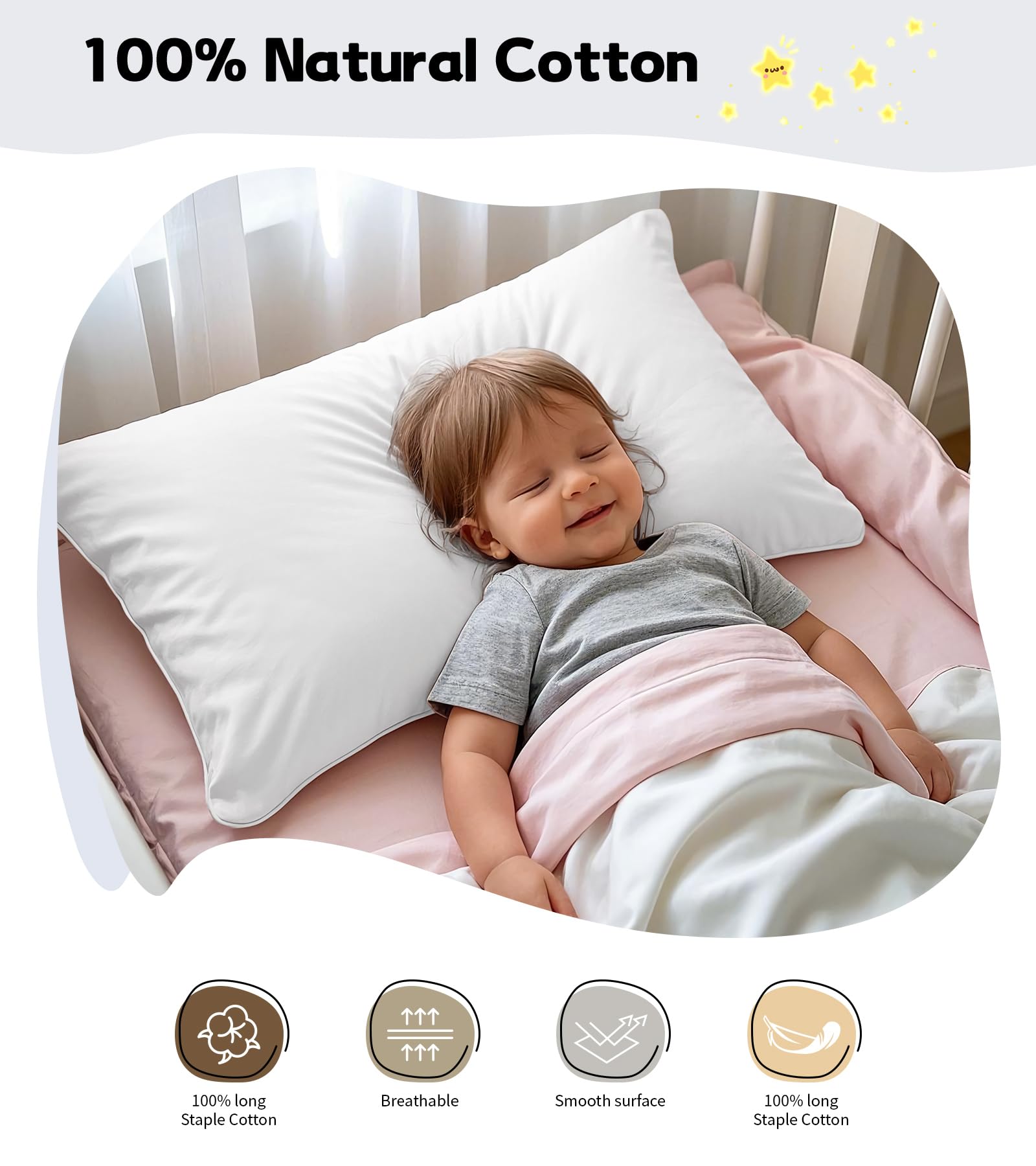 Deep Dream 100% Cotton Toddler Pillowcases Set of 2, 13x18 Inches Fits Baby Pillow Sized 12x16, 13x18, 600 Thread Count Cotton Small Travel Kids Pillow Case Covers with Envelope Closure, White