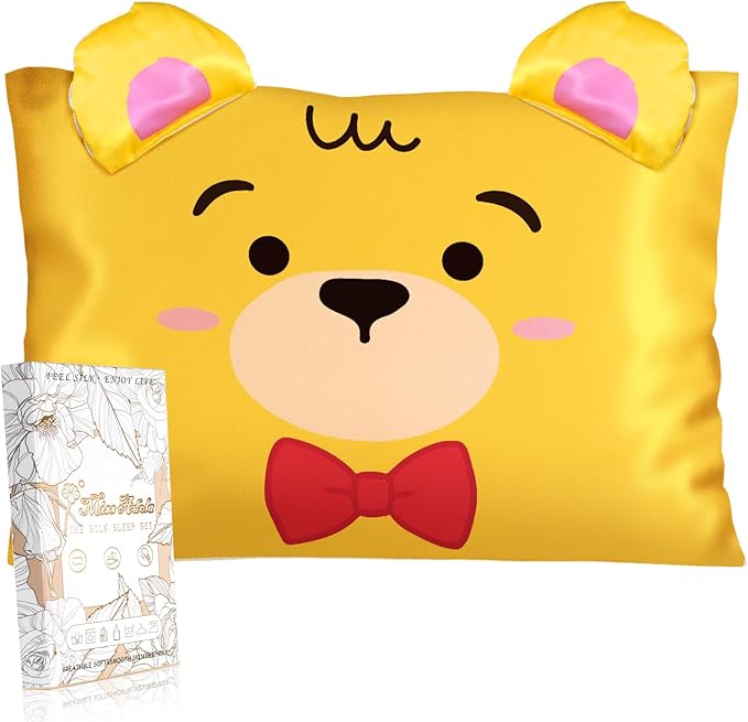 Toddler Pillowcases 13"x18" for Kids - Cute Cartoon Soft Breathable Silk Pillow Cases for Hair and Skin with Hidden Zipper for Boys Girls Fun Kawaii Design for Bedding, Yellow Bear