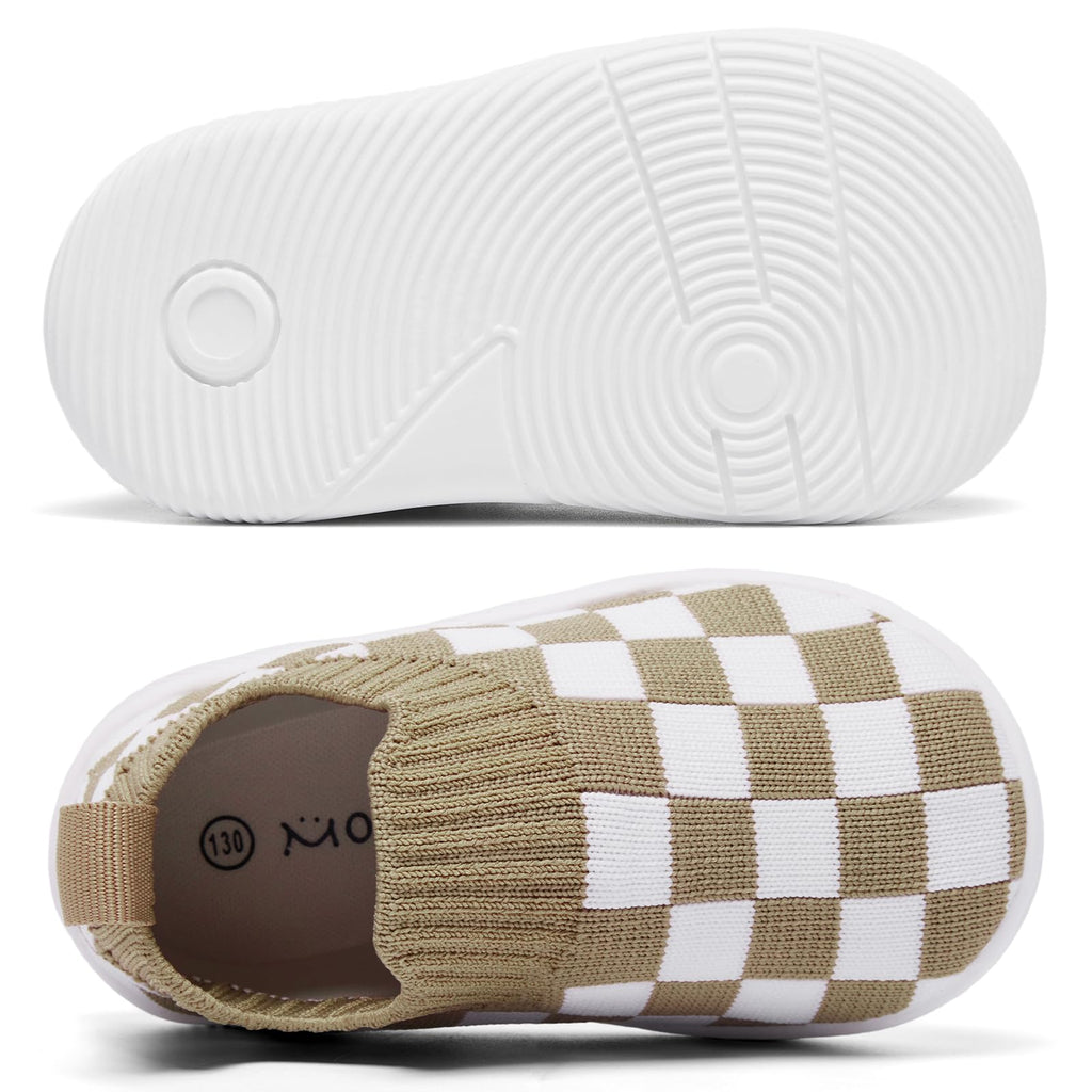 MORENDL Toddler Shoes - Baby Walking Socks - Non-Slip, Breathable - Boys & Girls - Brown White Plaid - 9-12 Months