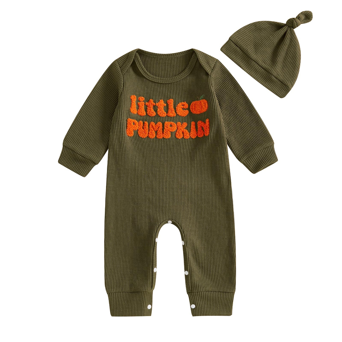 Doqcey Newborn Infant Baby Boy Halloween Outfit Little Pumpkin Embroidery Romper Waffle Knit Long Sleeve Jumpsuit with Hat (Apricot mama's pumpkin, 6-12 Months)