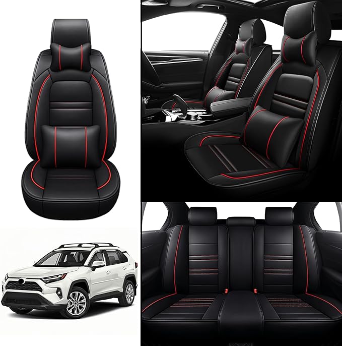 Car Seat Covers for Toyota rav4 2000-2025 | 5-Seats Seat Covers, Waterproof Seat Protectors, Automotive Seat Covers (Full Set with Pillow,Black&Red Line)