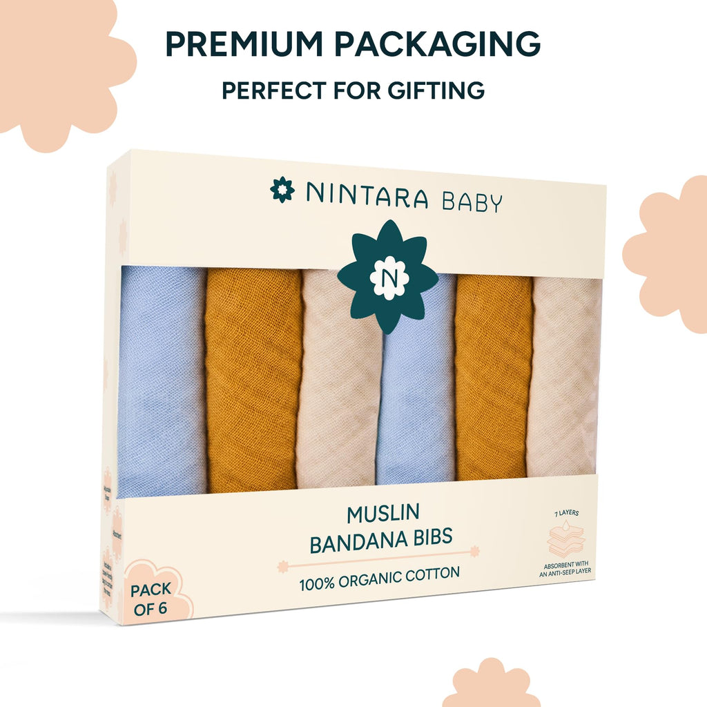 NINTARABABY Bandana Bibs – 100% Organic Muslin Cotton, Pack of 6