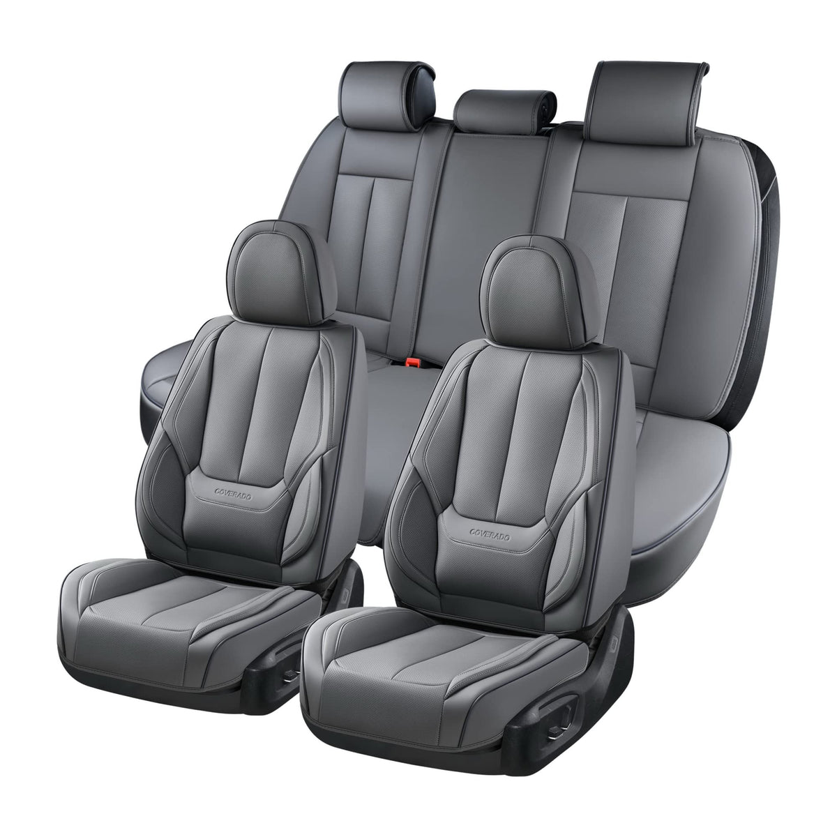 Coverado Car Seat Covers Full Set, Seat Covers for Cars, Car Seat Covers Front Seats and Back Car Seat Protector Waterproof, Gray Leather Car Seat Cushion Universal Fit for Most Cars